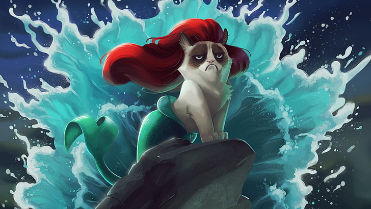Ariel Grumpy Cat ilustracja, kot, syrenka, rysunek, zrzędliwy kot, Tapety HD