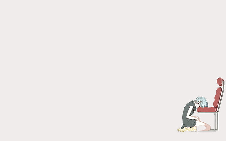 female character kneeling on armless chair illustration, Neon Genesis Evangelion, Ayanami Rei, simple background, HD wallpaper