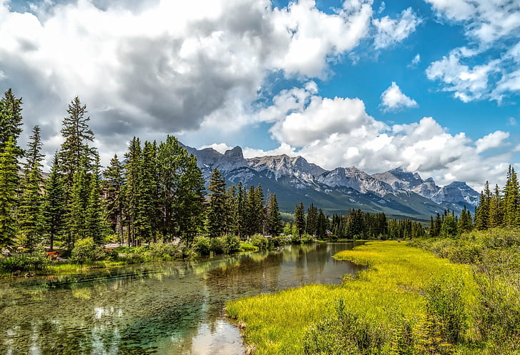 greens, forest, the sky, grass, the sun, clouds, trees, mountains, river, valley, Canada, Alberta, Canmore, HD wallpaper