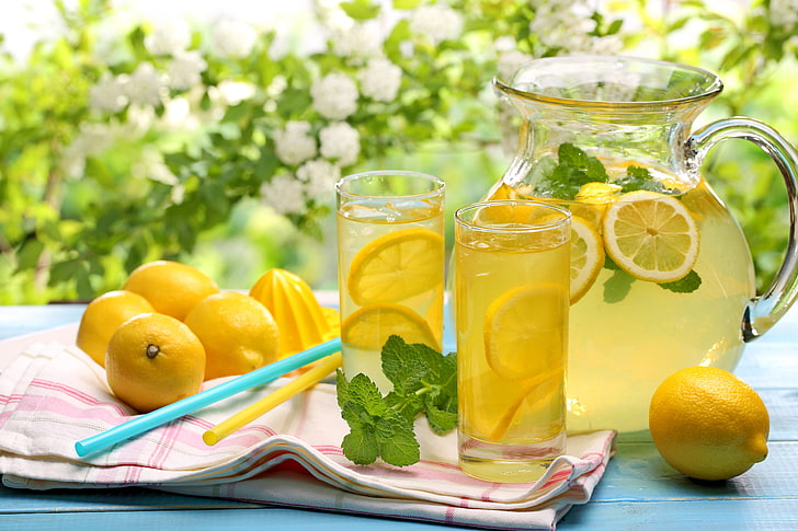 juego de jugo de limón, verano, flores, bebida, fresco, limones, limonada, Fondo de pantalla HD