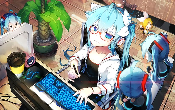 Hatsune Miku, computador, anime, cabelo azul, 4K, HD papel de parede