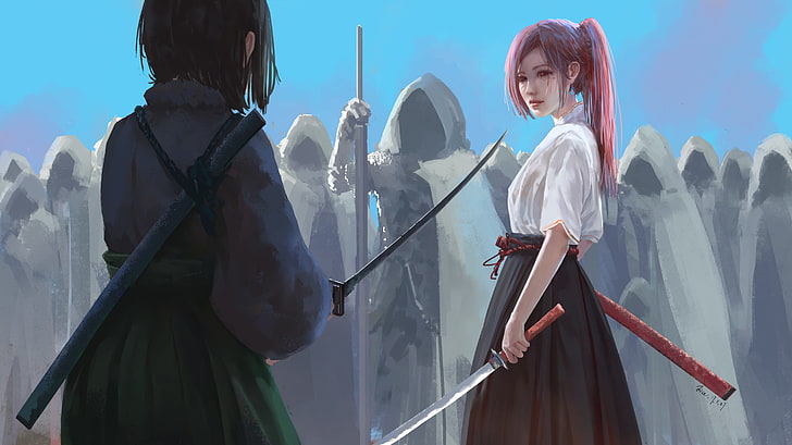 anime girls, samurai, pink hair, semi realistic, fighting, Anime, HD wallpaper