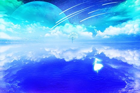 Mujer flotando sobre la superficie del agua durante el fondo de pantalla digital durante el día, anime, agua, planeta, cielo, nubes, reflejo, estrellas, Fondo de pantalla HD HD wallpaper