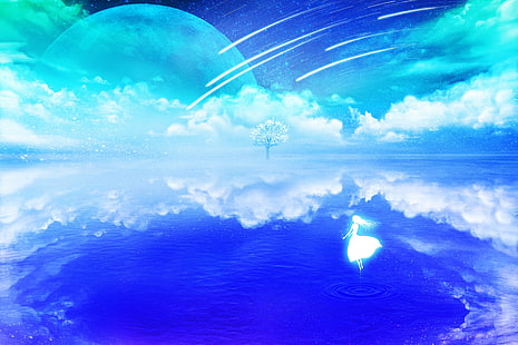 небо, вода, отражение, аниме, облака, звёзды, планета, HD обои HD wallpaper