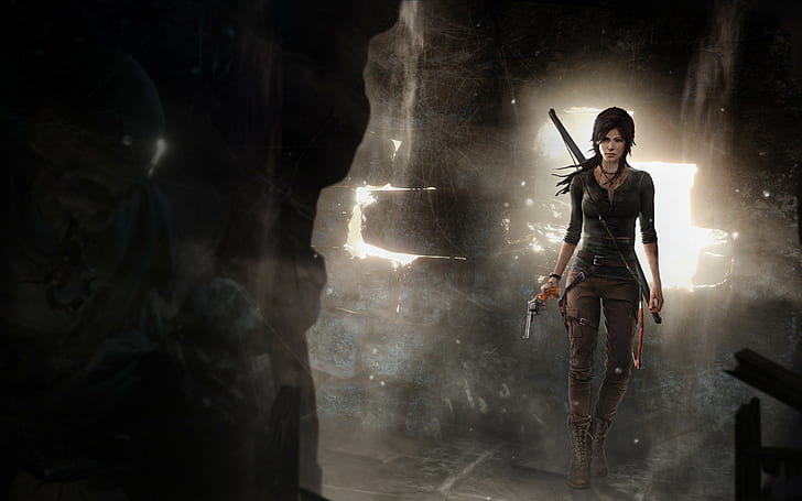 Lara Croft, gra, ilustracja Tomb Raider, czaszka, pistolet, łuk, Tomb Raider, Lara Croft, szkielet, Cave Girl, Tapety HD