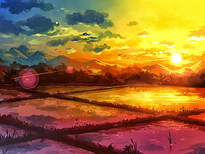 art fantastique, dessin, rizière, lever du soleil, nature, paysage, Fond d'écran HD HD wallpaper