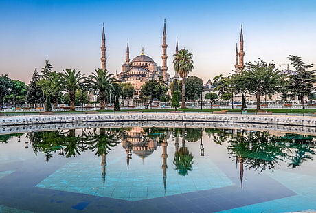 建築、都市景観、イスタンブール、トルコ、スルタンアーメドモスク、ヤシの木、水、タイル、反射、公園、 HDデスクトップの壁紙 HD wallpaper