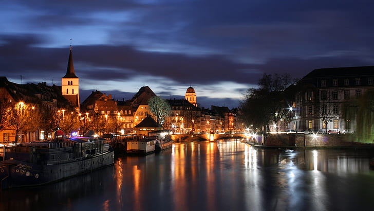 strasbourg, france, river, buildings, night, HD wallpaper