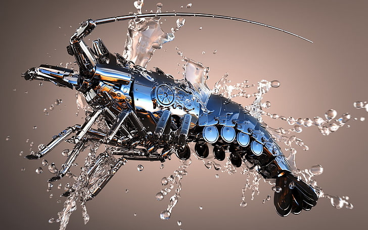 gray shrimp robot wallpaper, lobster, metal, spray, HD wallpaper