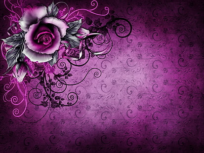 фиолетовый и зеленый цветок цифровые обои, фон, роза, текстура, обои, винтаж, гранж, фиолетовый, бумага, цветочные, HD обои HD wallpaper