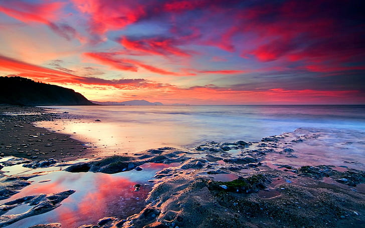 Nuvole rosse, spiaggia, oceano, rocce, tramonto, 3d ed estratto, Sfondo HD