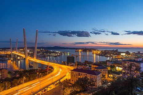 Şehirler, Vladivostok, Şehir, Bulut, Ufuk, Ev, Işık, Gece, Yol, Rusya, Gökyüzü, Zolotoy Köprüsü, HD masaüstü duvar kağıdı HD wallpaper