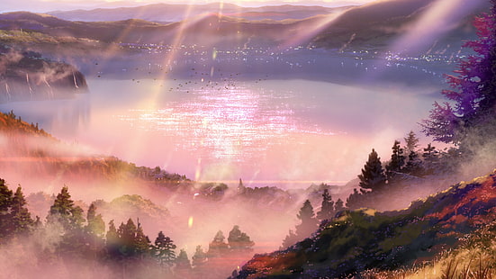 jezioro i drzewa, Kimi no Na Wa, Twoje imię, krajobraz, góry, realistyczny, pole, mgła, woda, jezioro, Tapety HD HD wallpaper