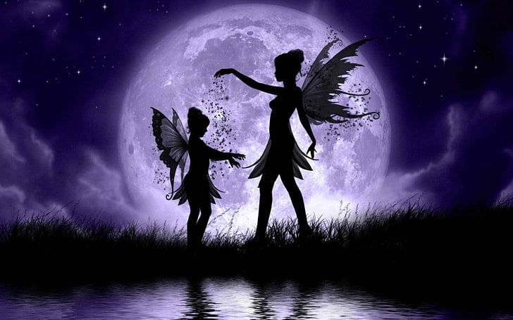 silhouette de deux fées papier peint, fantaisie, fée, elfe, lune, étoiles, ailes, femme, Fond d'écran HD