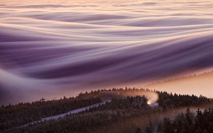 nature, landscape, mist, mountains, forest, ski lift, Czech Republic, HD wallpaper