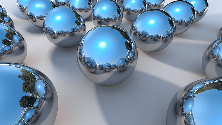 3d, balls, blue, sphere, reflection, chrome, chrome ball, HD wallpaper