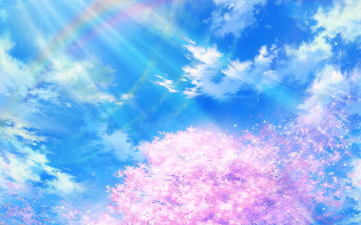 аниме, небе, облак, пролет, изкуство, илюстрация, HD тапет