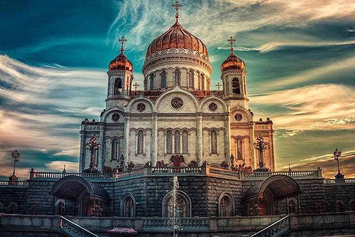 orange and white painted church building, cathedral of christ the savior, russia, moscow, hdr, HD wallpaper