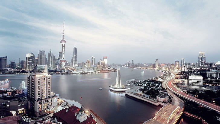 Shanghai China At Dusk, lights, river, city, bridge, nature and landscapes, HD wallpaper