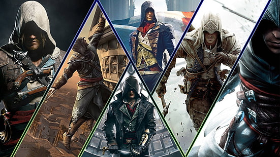 Assassin's Creed personaggi collage, Assassin's Creed, videogiochi, Ezio Auditore da Firenze, Arno Dorian, Altaïr Ibn-La'Ahad, Connor, Sfondo HD HD wallpaper