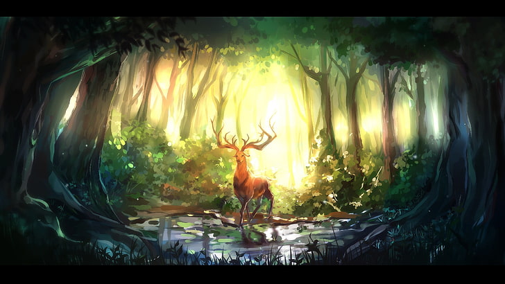 brown reindeer in forest painting, nature, animals, forest, digital art, deer, fantasy art, HD wallpaper