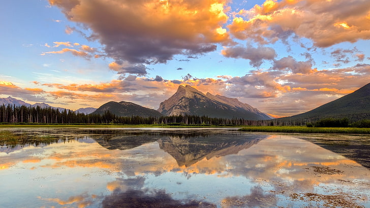 landscape, mountains, lake, reflection, sunrise, nature, HD wallpaper