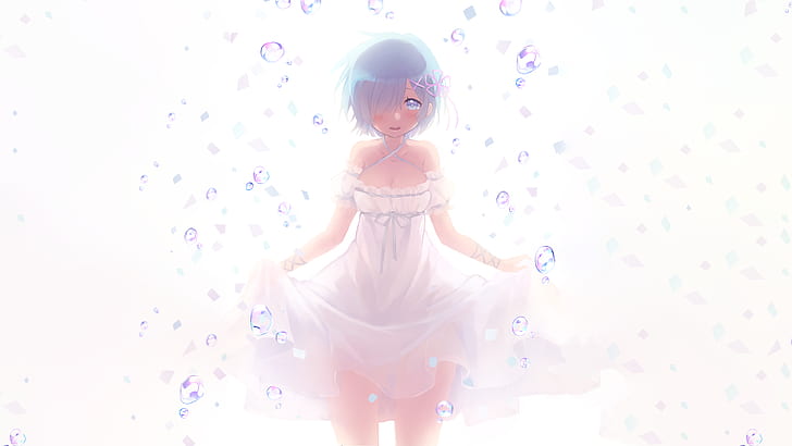 white background, Re:Zero Kara Hajimeru Isekai Seikatsu, short hair, Rem (Re: Zero), blue eyes, blue hair, wedding dress, HD wallpaper