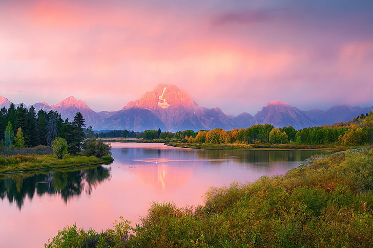green-leafed trees and wide river, autumn, forest, mountains, river, morning, USA, Wyoming, Grand Teton national Park, September, Oxbow Bend, HD wallpaper