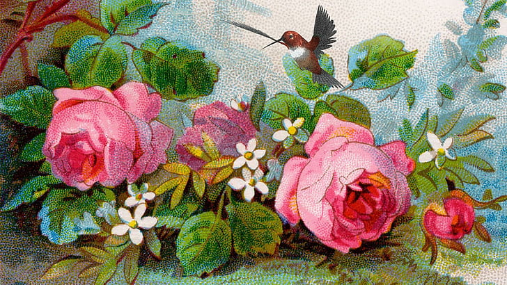 Summer Painting, paint, sunny, cabbage roses, bird, flowers, old fashion, roses, sunshine, vintage, flower, fleu, HD wallpaper