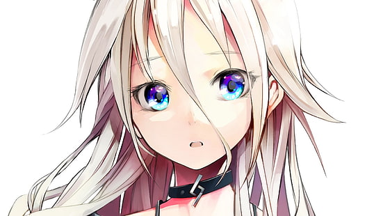 седой женский аниме персонаж обоев, ожерелье, грустно, голубые глаза, блондинка, женщины, длинные волосы, чокер, белый фон, IA (Vocaloid), аниме девушки, аниме, Vocaloid, HD обои HD wallpaper