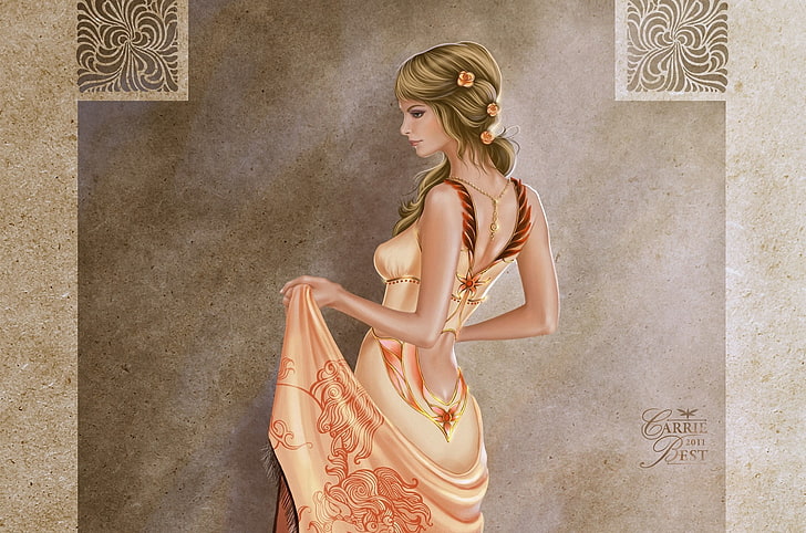 金髪の女性のイラスト 女の子 花 背景 パターン ドレス アート Hdデスクトップの壁紙 Wallpaperbetter