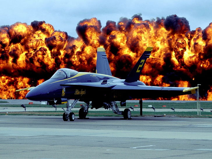 Blue Angel & Fire, jet hitam, malaikat, biru, api, pesawat terbang, Wallpaper HD