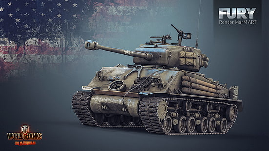 poster World of Tanks, World of Tanks, tank, wargaming, render, video game, M4 Sherman, M4 Sherman Fury, Wallpaper HD HD wallpaper