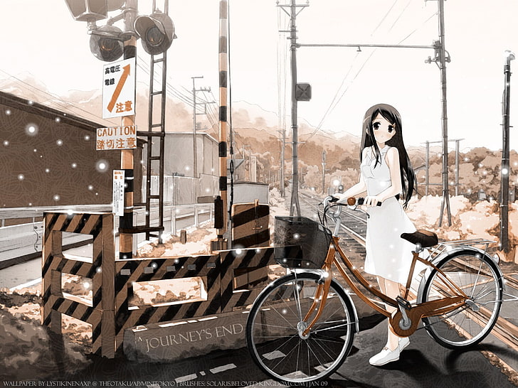 travessia ferroviária, anime girls, vestido branco, cabelos longos, cabelos escuros, Mahou Tsukai e Taisetsu na Koto, Suzuki Sora, HD papel de parede