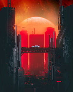 city, car, bridge, futurism, cyberpunk, sci-fi, HD wallpaper HD wallpaper