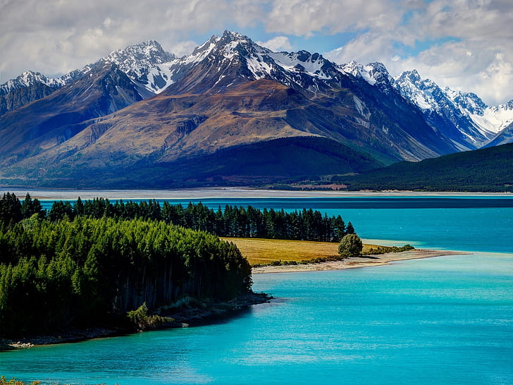 Lago Tekapo, Nueva Zelanda, montañas, bosque, árboles, cuerpo de agua, Lago, Tekapo, Nueva Zelanda, Montañas, Bosque, Árboles, Fondo de pantalla HD