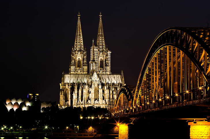 Hohenzollern Köprüsü, Almanya, nehir, köprü, kilise, Hohenzollern Köprüsü, Köln Katedrali, Kolner Dom, almanya, şehir, Köln, Rhein, Ren, Gece, Dünya, HD masaüstü duvar kağıdı