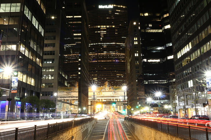 New York City, street, Grand Central Station, cityscape, night, long exposure, HD wallpaper