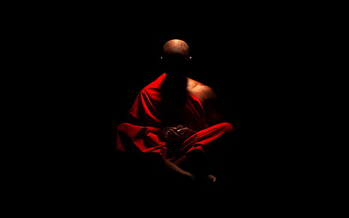 monge orando papel de parede, meditação, espiritual, budismo, fundo simples, fundo preto, homens, HD papel de parede HD wallpaper