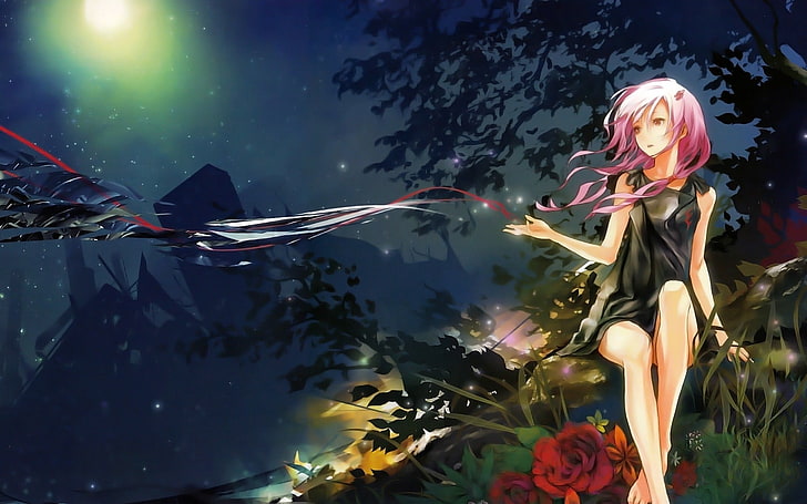 anime girl character with pink hair digital wallpaper, night, red eyes, rose, nature, landscape, Guilty Crown, Yuzuriha Inori, anime, anime girls, fantasy girl, flowers, HD wallpaper