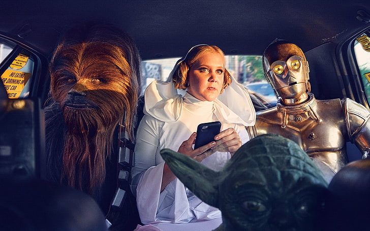 Ilustrasi karakter Star Wars, Amy Schumer, berambut pirang, Star Wars, parodi, Chewbacca, Yoda, C-3PO, Majalah GQ, Wallpaper HD
