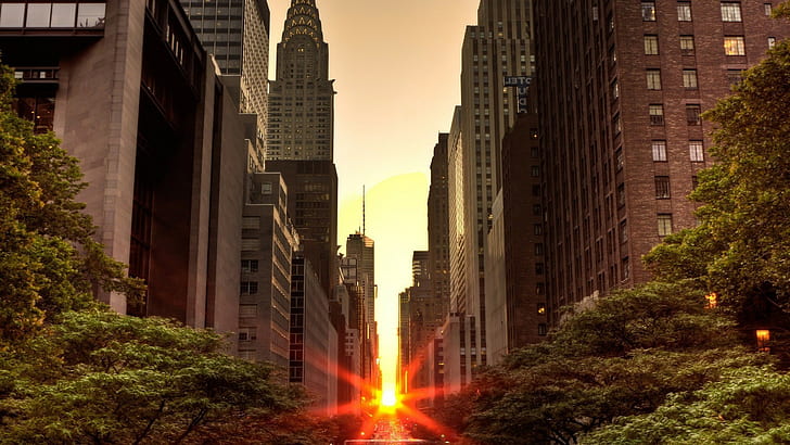 Cityscape, Manhattan, Manhattanhenge, New York City, sunset, HD wallpaper
