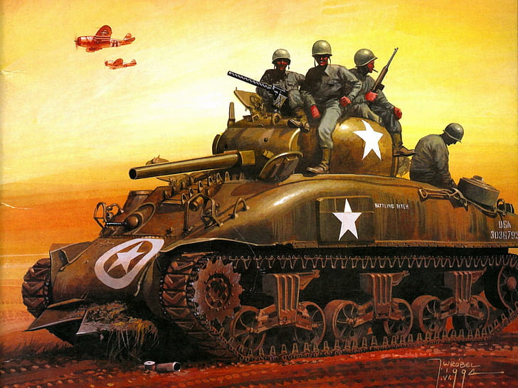 M4 Шерман Танк, солдаты на вершине боевого танка иллюстрации, рисунок, Шерман, танк, второй мировой войны, классика, античный, мир, армия, живопись, самолеты пл, HD обои