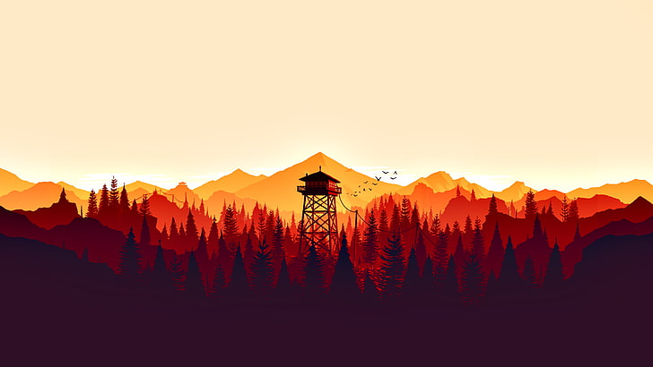 silhouette of tower illustration, Firewatch, video games, mountains, nature, landscape, artwork, minimalism, fire lookout tower, forest, tower, Olly Moss, illustration, digital art, 2016 (Year), HD wallpaper