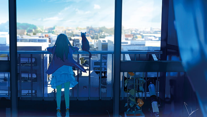 city, anime girls, original characters, cat, window, balcony, sky, anime, HD wallpaper