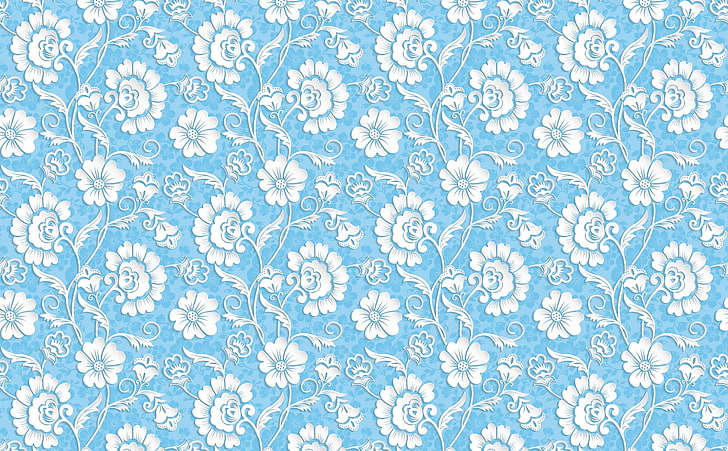 white and blue floral illustration, flowers, blue, pattern, the volume, HD wallpaper