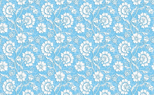 white and blue floral illustration, flowers, blue, pattern, the volume, HD wallpaper HD wallpaper