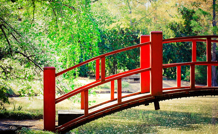 Japanese Garden Bridge, red wooden bridge, Asia, Japan, Nature, Spring, Garden, Bridge, Outdoor, Japanese, Springtime, red bridge, HD wallpaper