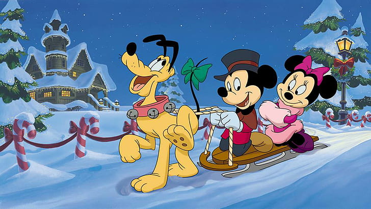 Зимнее катание на санях с Плутоном Микки и Минни Маус Мультфильмы Рождественские обои Hd 1920 × 1080, HD обои