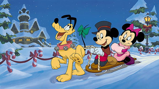 Zima na sankach z Plutonem Myszka Miki i Minnie z bajkami Świąteczna tapeta Hd 1920 × 1080, Tapety HD HD wallpaper